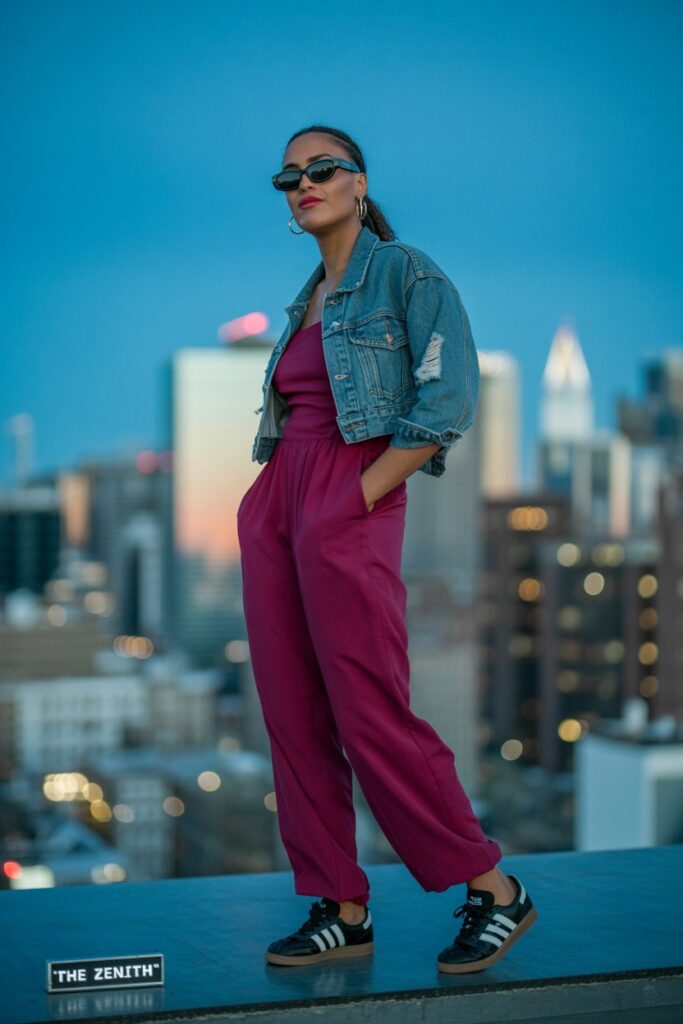 Bold woman at a rooftop event in burgundy jumpsuit, cropped denim jacket, sunglasses, and black Adidas Sambas	