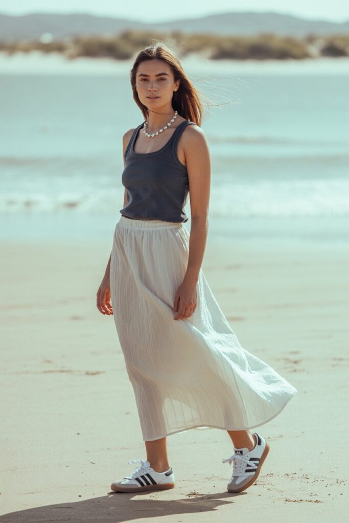 A woman in a white linen maxi skirt, navy tank, and white Adidas Sambas embodies coastal street style