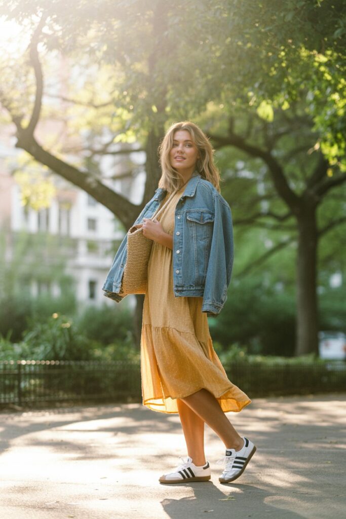 A woman in a mustard midi dress, denim jacket, and white Adidas Sambas glows in boho street style.