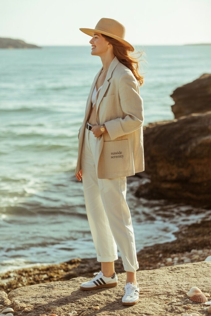 Chic woman near the coast wearing a cream linen blazer, white tailored trousers, straw hat, and white Adidas Sambas	