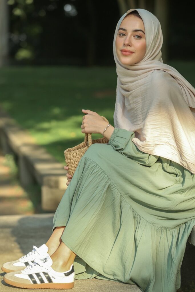 A woman in a cream hijab, sage maxi dress, and white Adidas Sambas rocks a boho look.