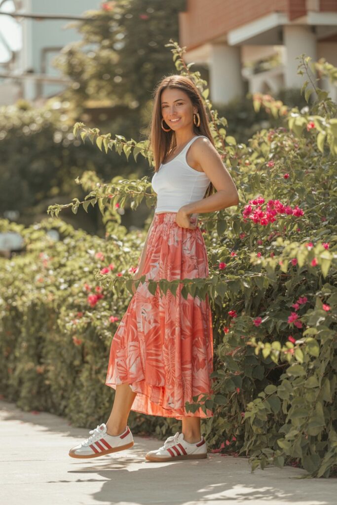 A woman in a tropical maxi skirt and white Adidas Sambas glows in a vibrant summer look.