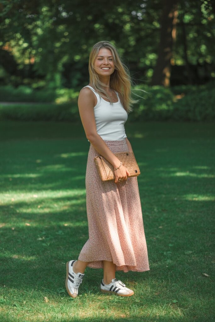A woman in a floral maxi skirt, white tank, and white Adidas Sambas glows in a boho street look.