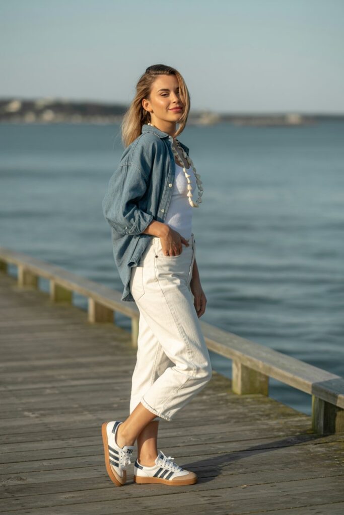 A woman in cropped white jeans, a chambray shirt, and white Adidas Sambas glows in a coastal look.