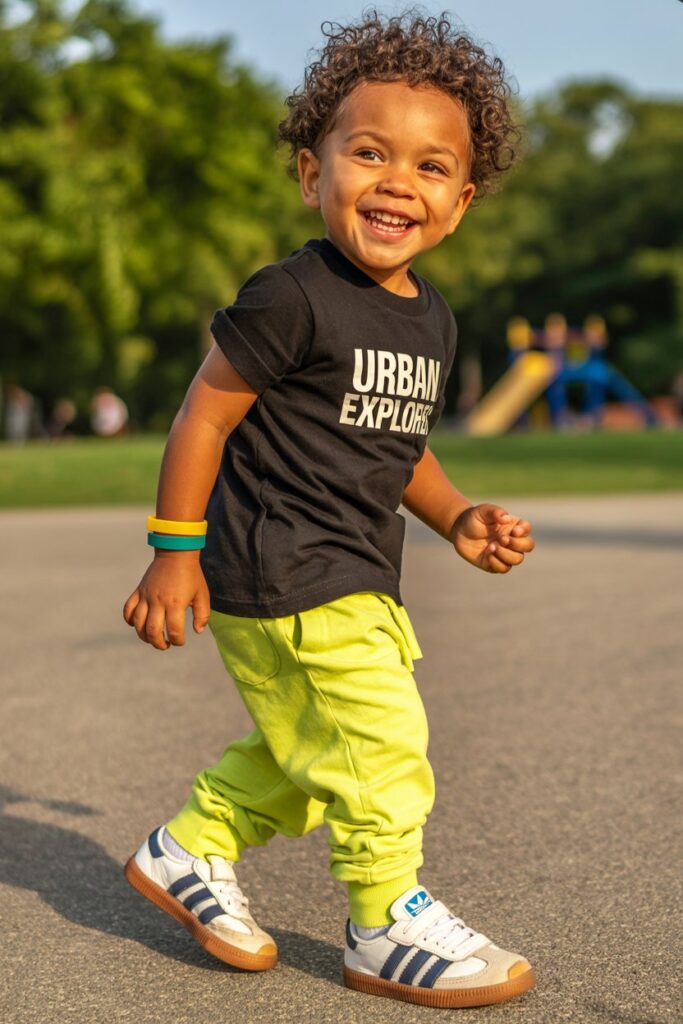 A child in neon joggers, a black tee, and white Adidas Sambas glows in a bold kids’ outfit.