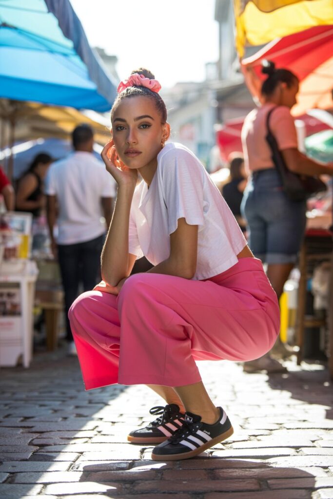 A woman in pink culottes, a white tee, and black Adidas Sambas shines in a bold summer outfit.