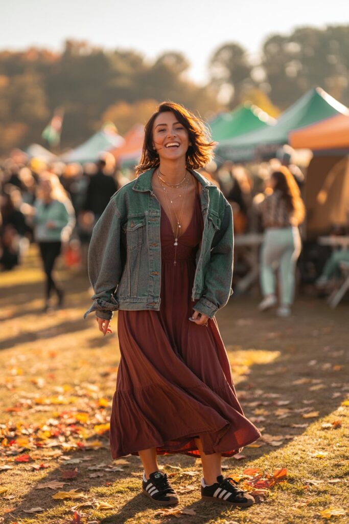 Boho style woman at a fall festival in burgundy maxi dress, denim jacket, layered necklaces, and black Adidas Sambas	