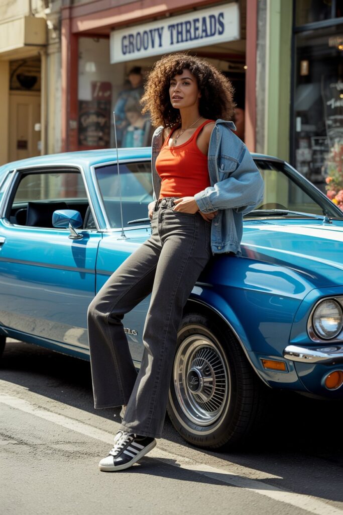 dark flared jeans, red tank top, and black Adidas Superstar sneakers with white stripes and bold shell toe.