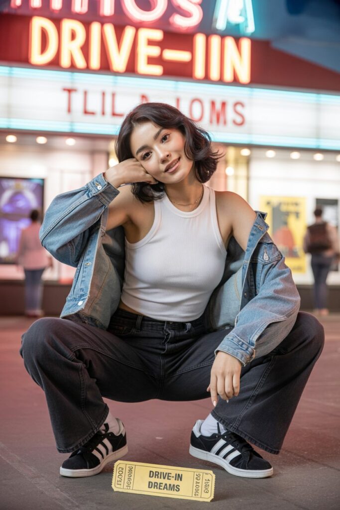 A retro-cool outfit featuring dark flare jeans, a white ribbed tank top, a denim jacket tied around the waist, and black Adidas Campus 00s