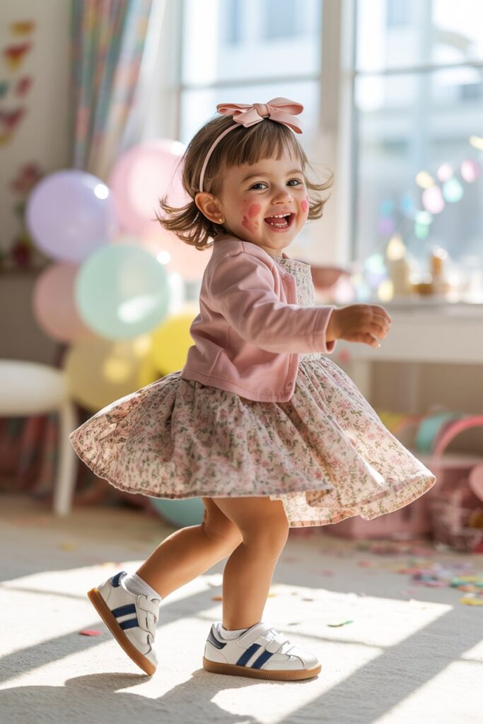 A child in a floral dress, cardigan, and white Adidas Sambas blooms in a festive kids’ look