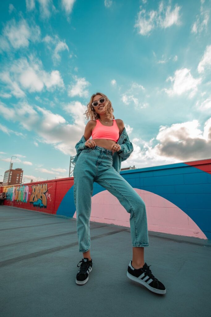 A party-ready rooftop scene: acid wash mom jeans, a neon pink crop top, sunglasses, and black Adidas Campus 00s