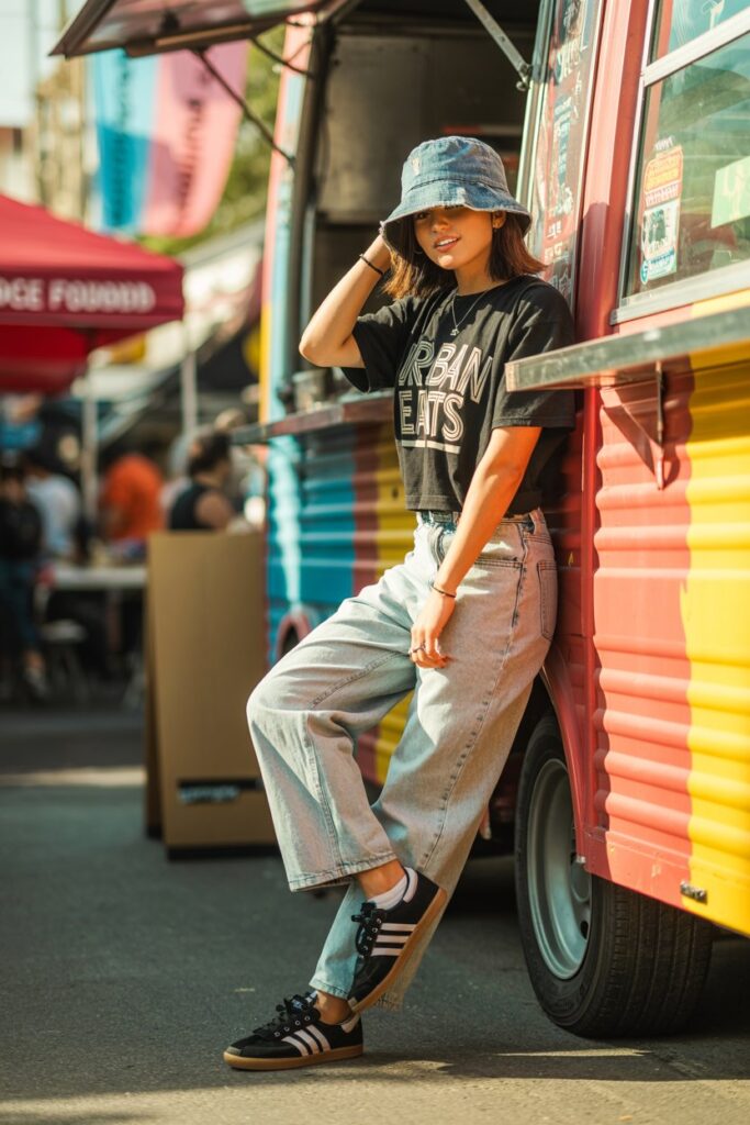 A woman in baggy jeans, a graphic tee, and black Adidas Sambas channels street-cool vibes.