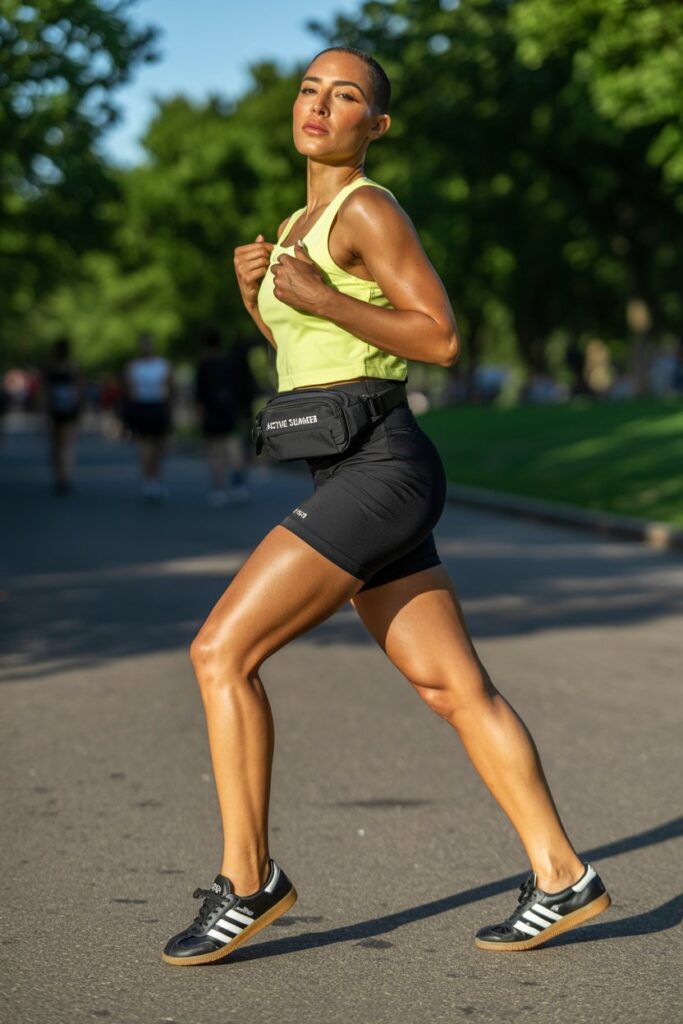 A woman in bike shorts, a neon tank, and black Adidas Sambas nails a sporty summer look.