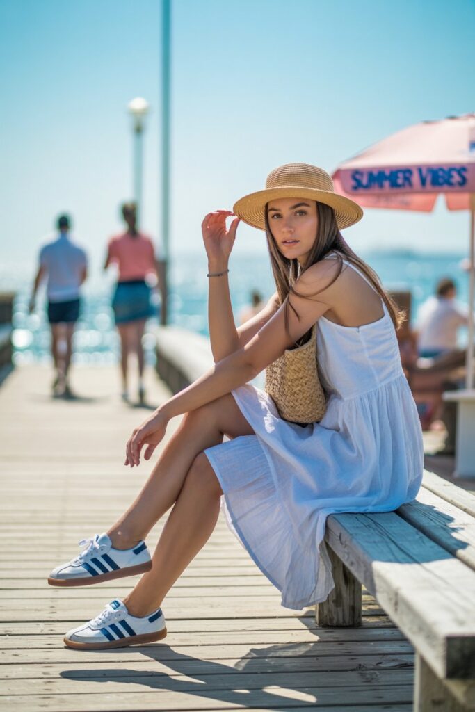 A woman in a white sundress and white Adidas Sambas shines in a breezy summer look.