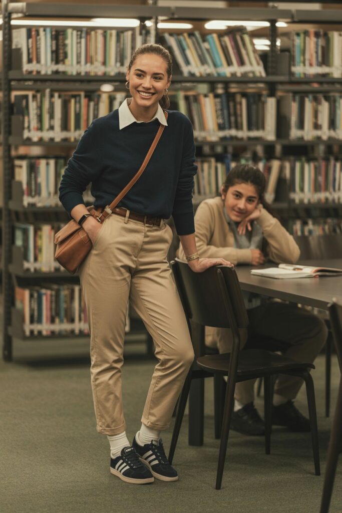 Preppy woman mentoring at a library in khaki chinos, navy sweater, crossbody bag, and black Adidas Sambas	