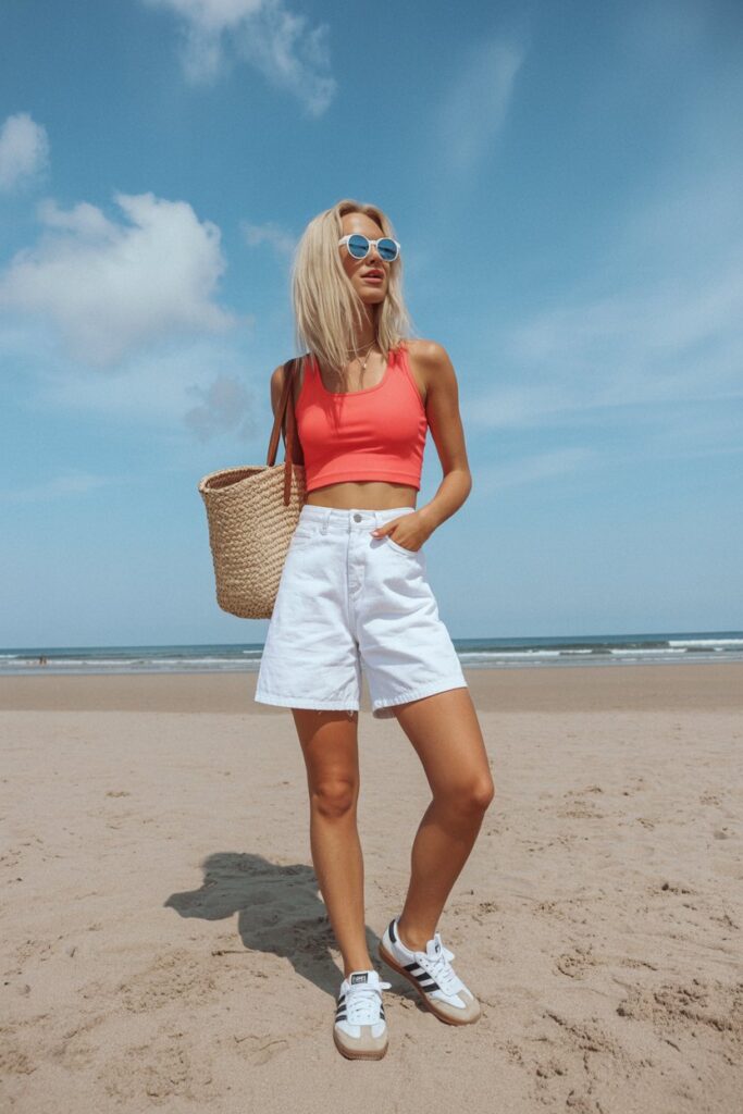 Bright beach outfit with a woman in white oversized denim shorts, coral crop top, straw tote bag, and white Adidas Sambas in the sand	