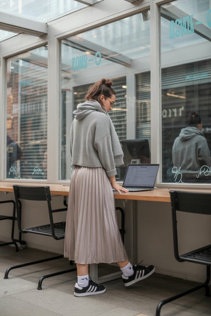 Cozy chic woman in gray knit top, pleated midi skirt, warm scarf, and black Adidas Sambas working at a shared space	