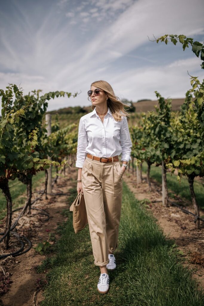 Elegant woman walking through a vineyard in beige tailored chinos, white Oxford shirt, white Adidas Sambas, leather belt, and classic watch