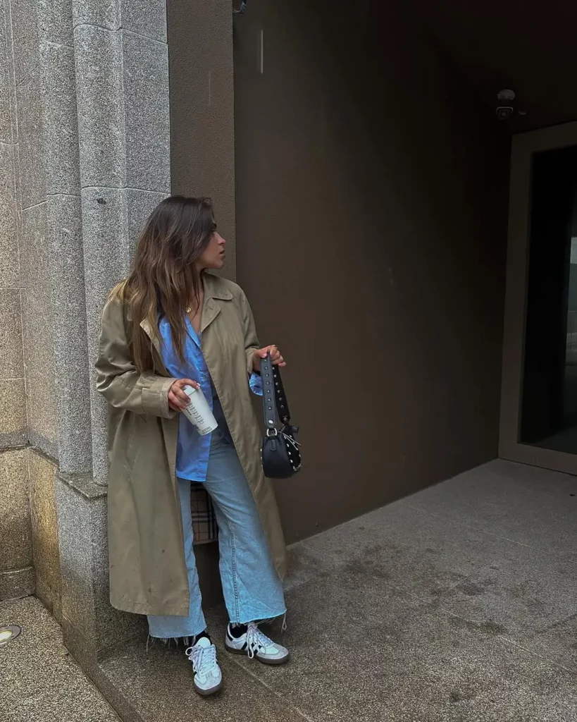 Raw-Hem Wide-Leg Jeans + Oversized Shirt + Trench + Sambas