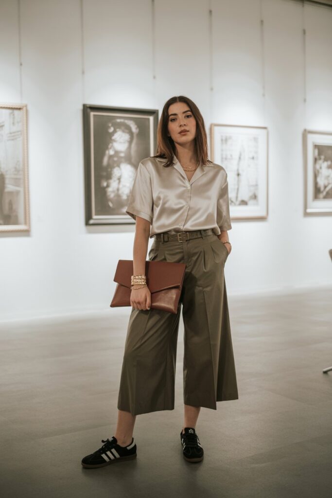 Modern woman at an art gallery wearing a silk shirt, high-waisted culottes, gold bracelet, leather clutch, and black Adidas Sambas	