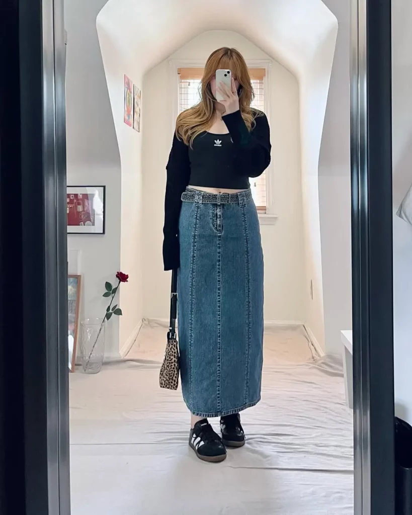 Denim Midi Skirt + Cropped Adidas Top + Black Sambas