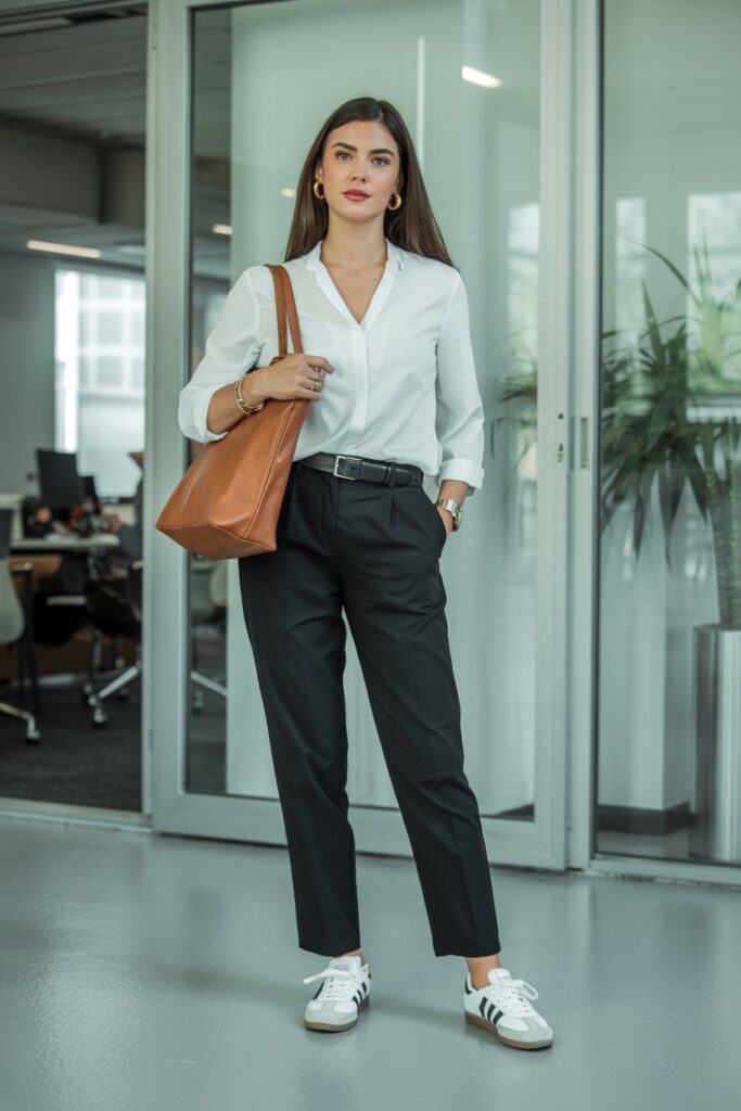 Professional woman in black tailored trousers, white blouse, leather tote, gold stud earrings, and white Adidas Sambas in a modern office	