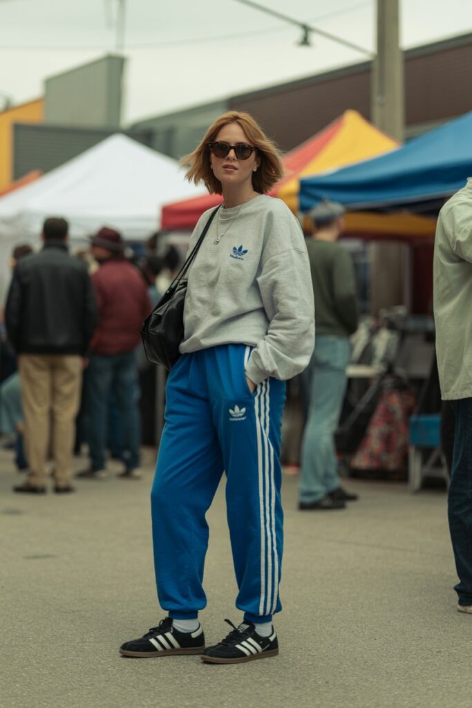 Retro-cool woman at a flea market in blue track pants with white stripes, gray sweatshirt, sunglasses, and black Adidas Sambas	