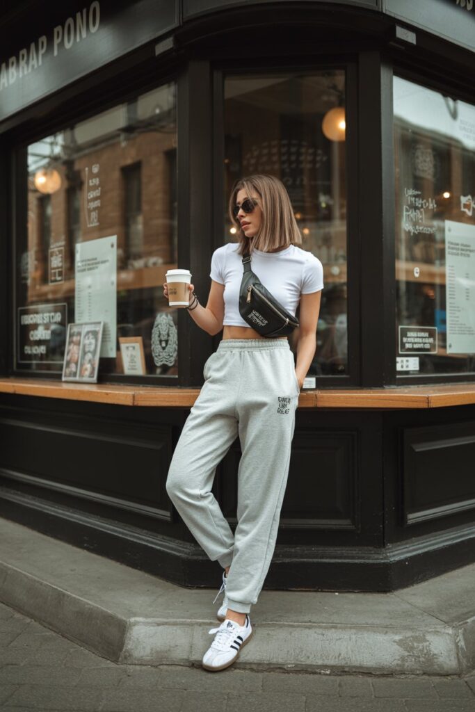 Trendy woman at a corner coffee shop in gray joggers, white crop top, black fanny pack, and white Adidas Sambas	