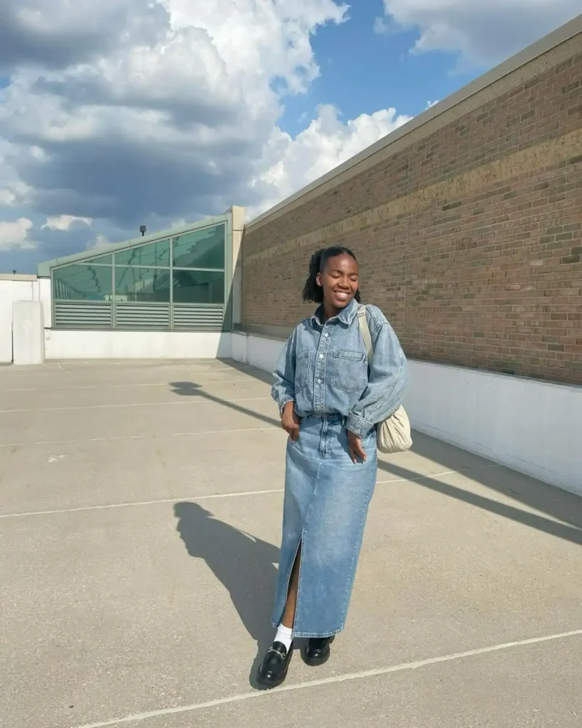 Everyday Cool with a Denim Midi Skirt & Loafers