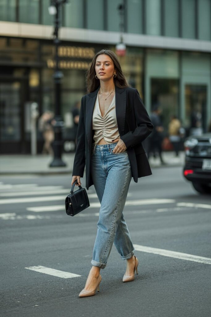 Fitted Blazer + Ruched Blouse + Heeled Pumps
