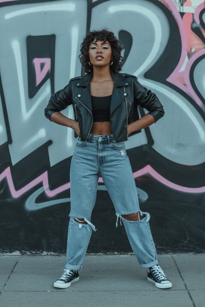  Leather Jacket + Black Crop Top + Converse or Adidas Sneakers