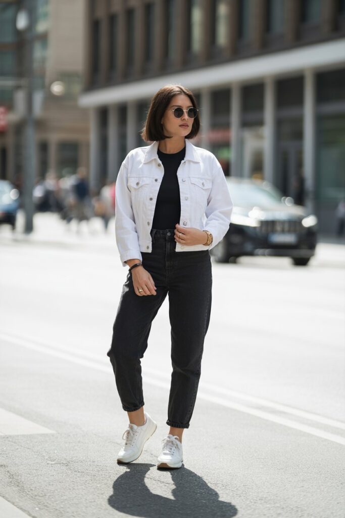  White Denim Jacket + Black Top + White Sneakers