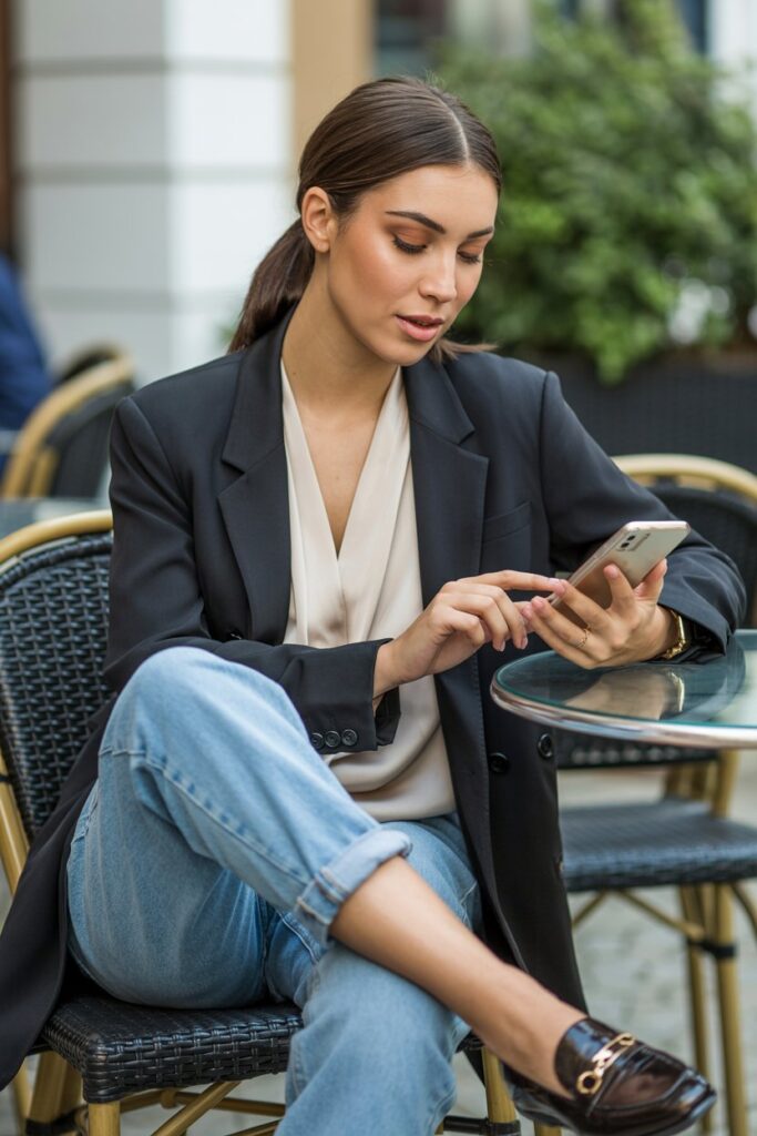 . Loose-Fitting Blazer + Loose Blouse + Loafers