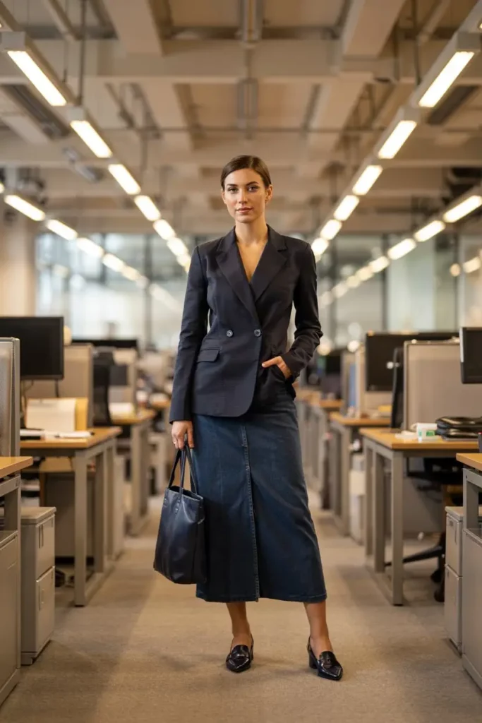 Office-ready denim look with blazer and loafers.