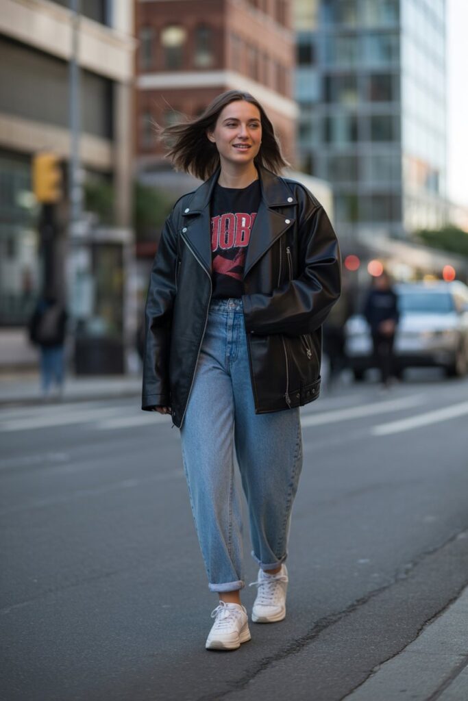  Oversized Leather Jacket + Graphic Tee + White Trainers