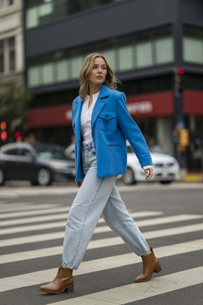 Bright Blue Jacket + Ankle Boots or Loafers