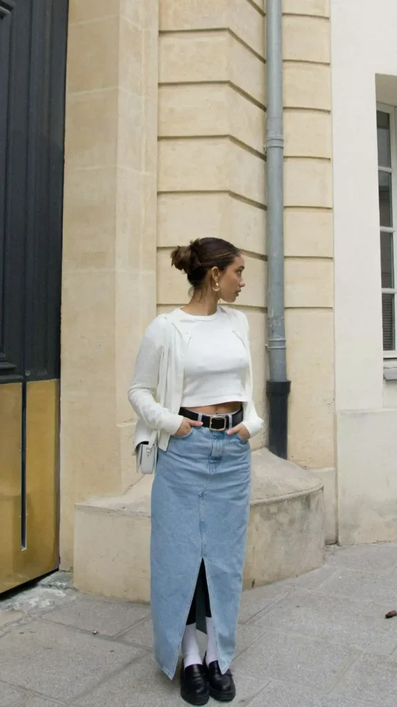 Clean Neutrals with a Slit Denim Skirt
