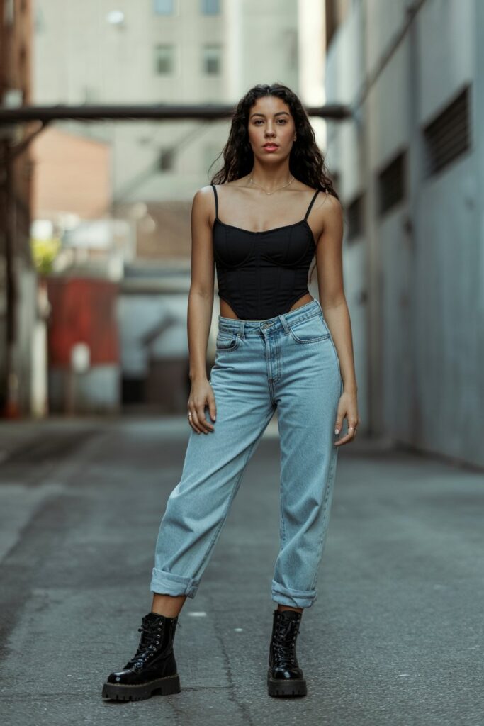 Black Corset Top + Cuffed Jeans + Black Chunky Boots