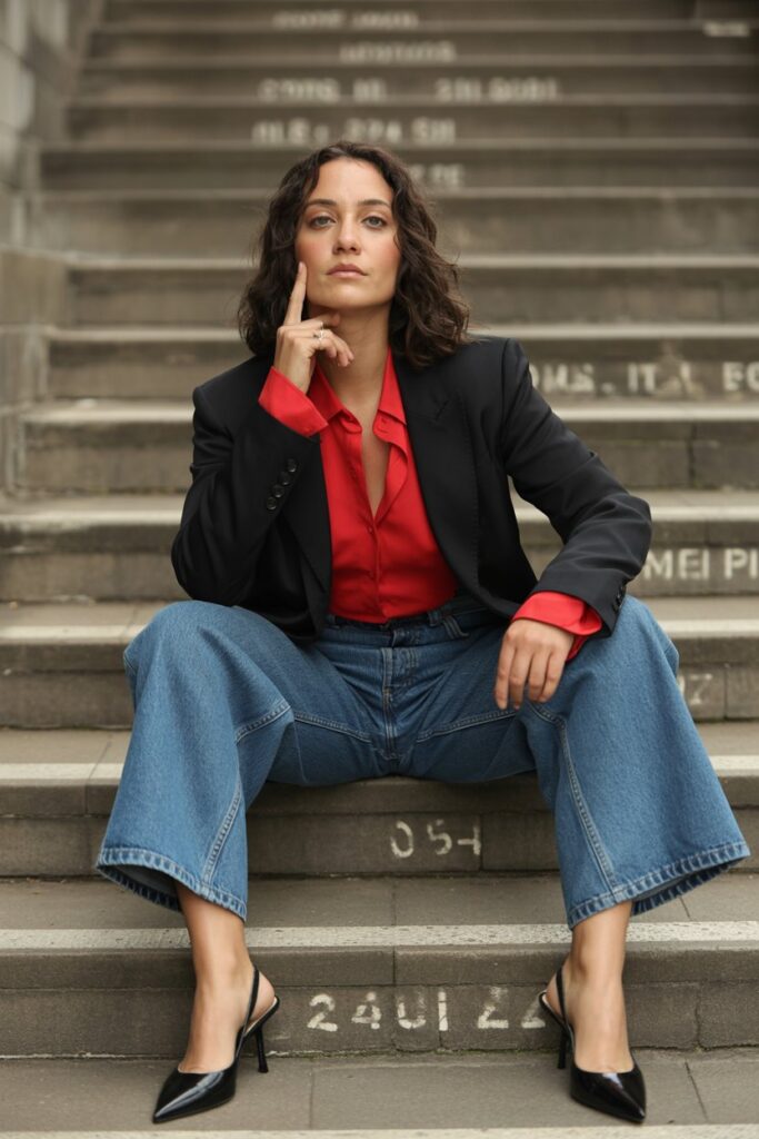 Black Blazer + Red Top + Slingback