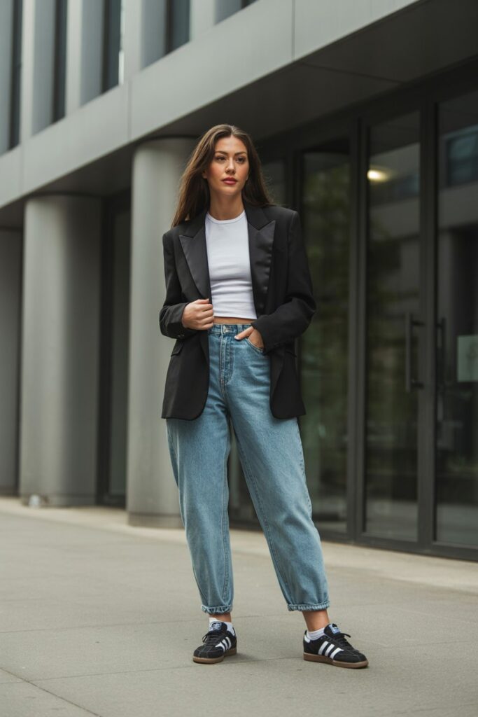 Balance volume with a tailored black blazer over a fitted tank. Slip into your favorite mid‑rise baggy jeans and classic black Sambas