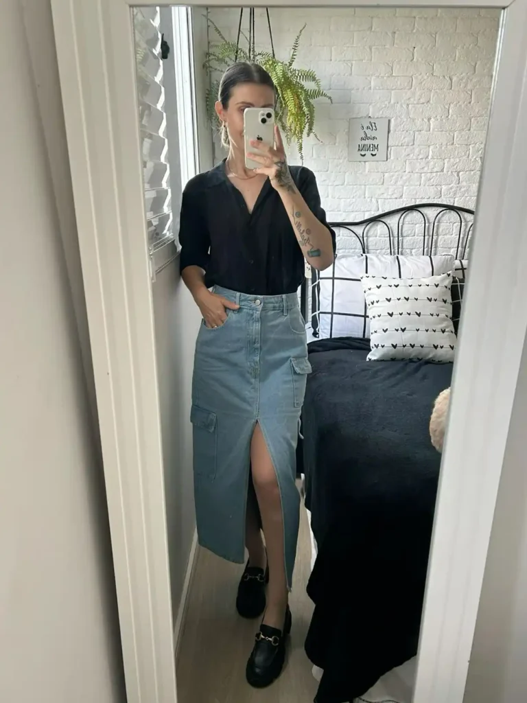 Minimal Edge with a Black Shirt & Slit Denim Skirt