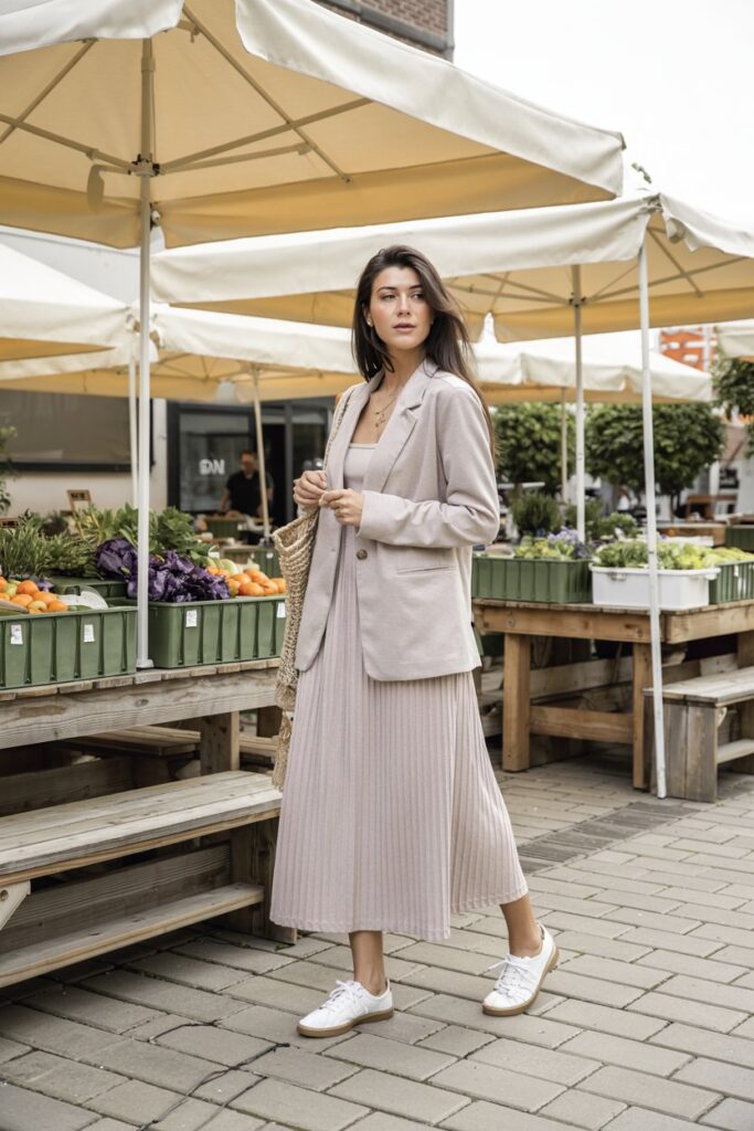 Elegant casual look: woman in soft knit blazer, flowy or ribbed midi dress, white Sambas, neutral tones, styled for co-working space or farmers market