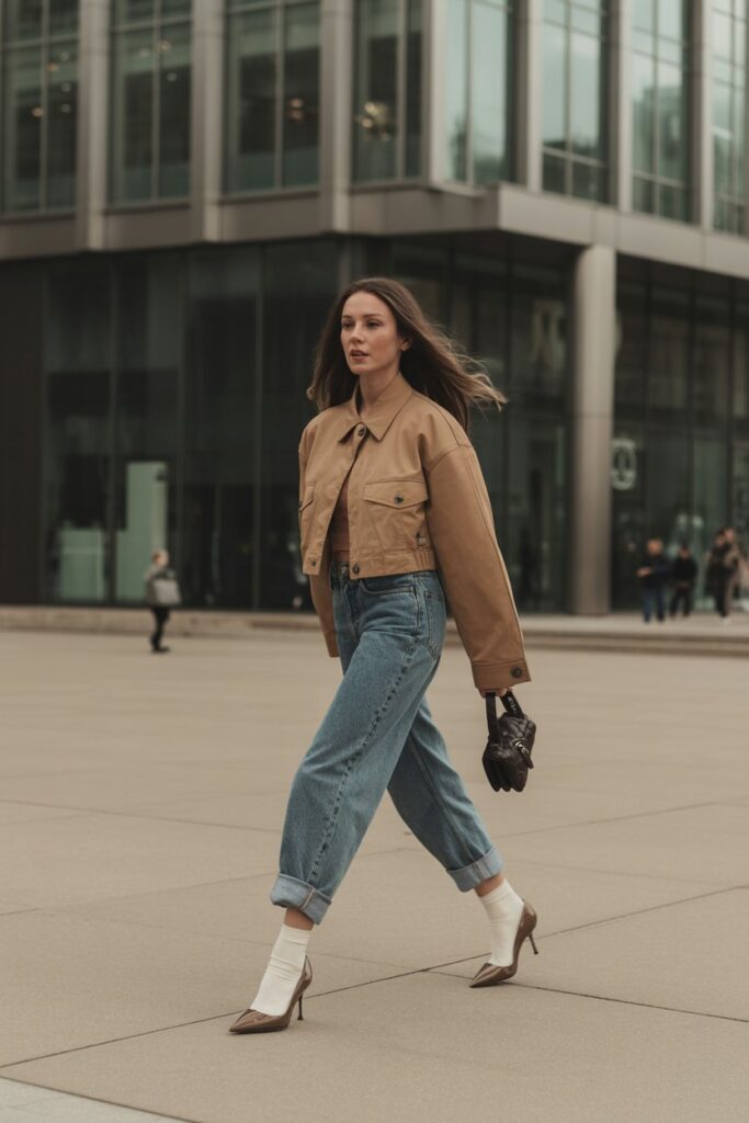  Tan Jacket + Heels + Socks or Sock Boots