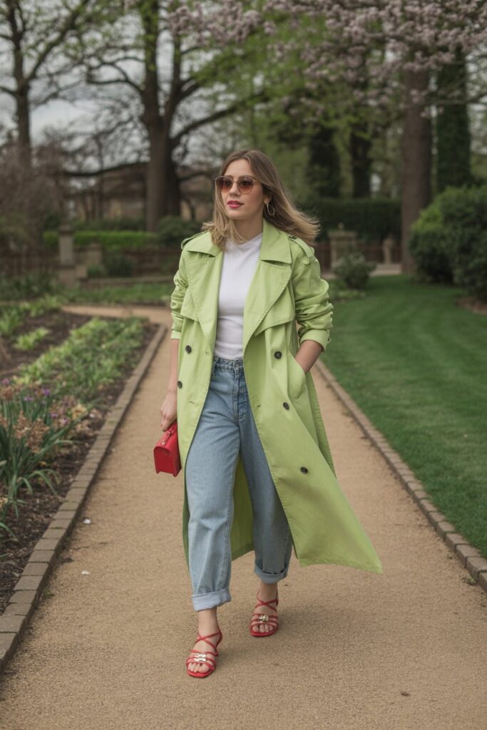 Light Green Trench + Red Sandals