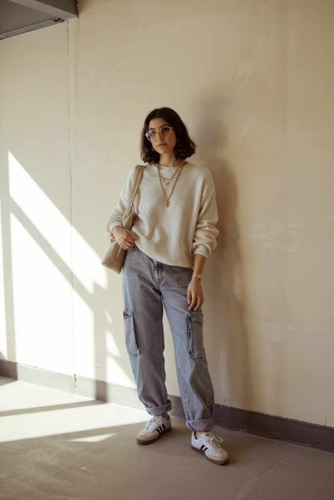 Gentle fashion look featuring a woman in an oatmeal knit sweater, stone-wash baggy jeans, cream Adidas Sambas