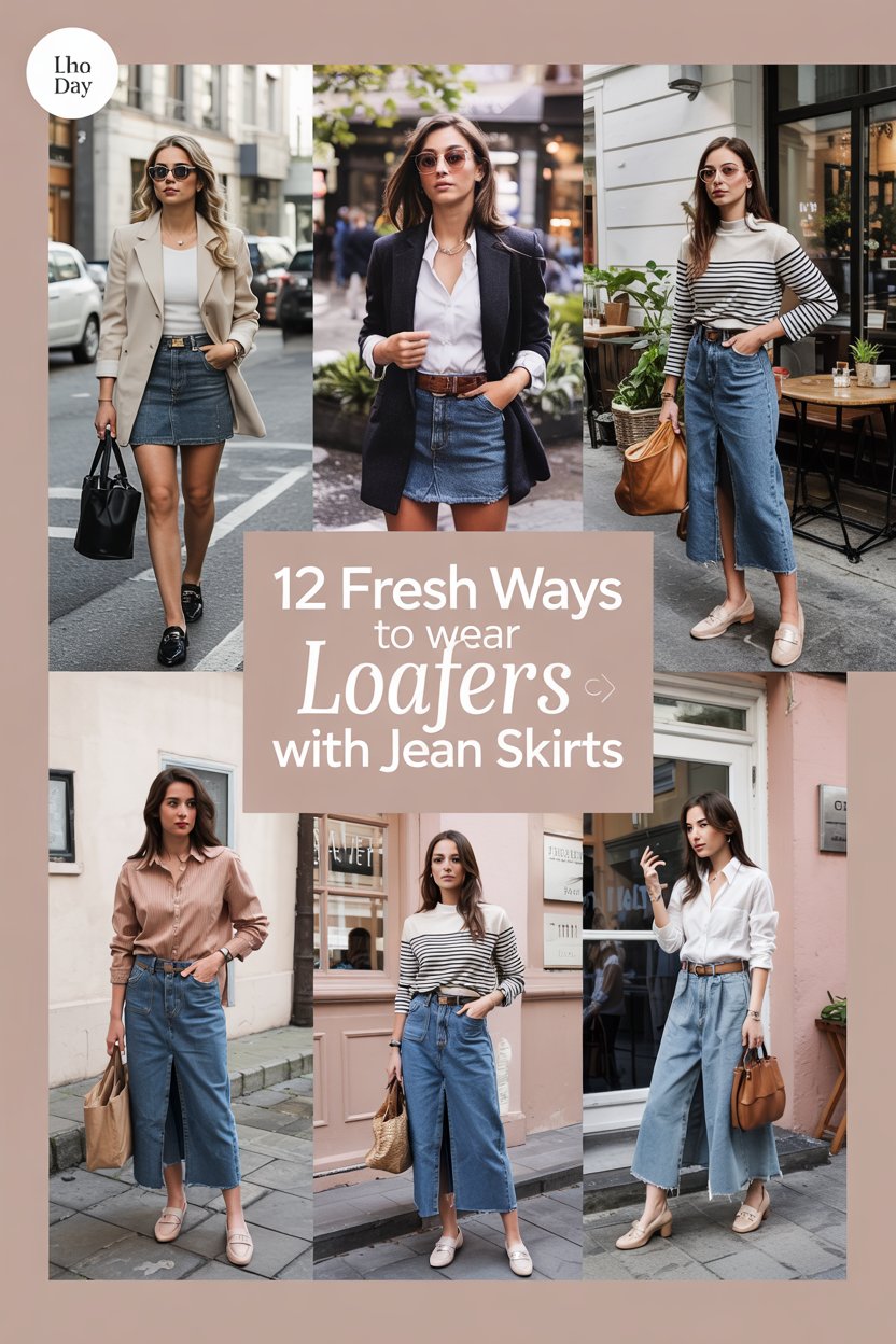 Collage showing 4 stylish outfits combining loafers and jean skirts, including mini and midi lengths with casual and polished tops—ideal fashion inspiration for women.
