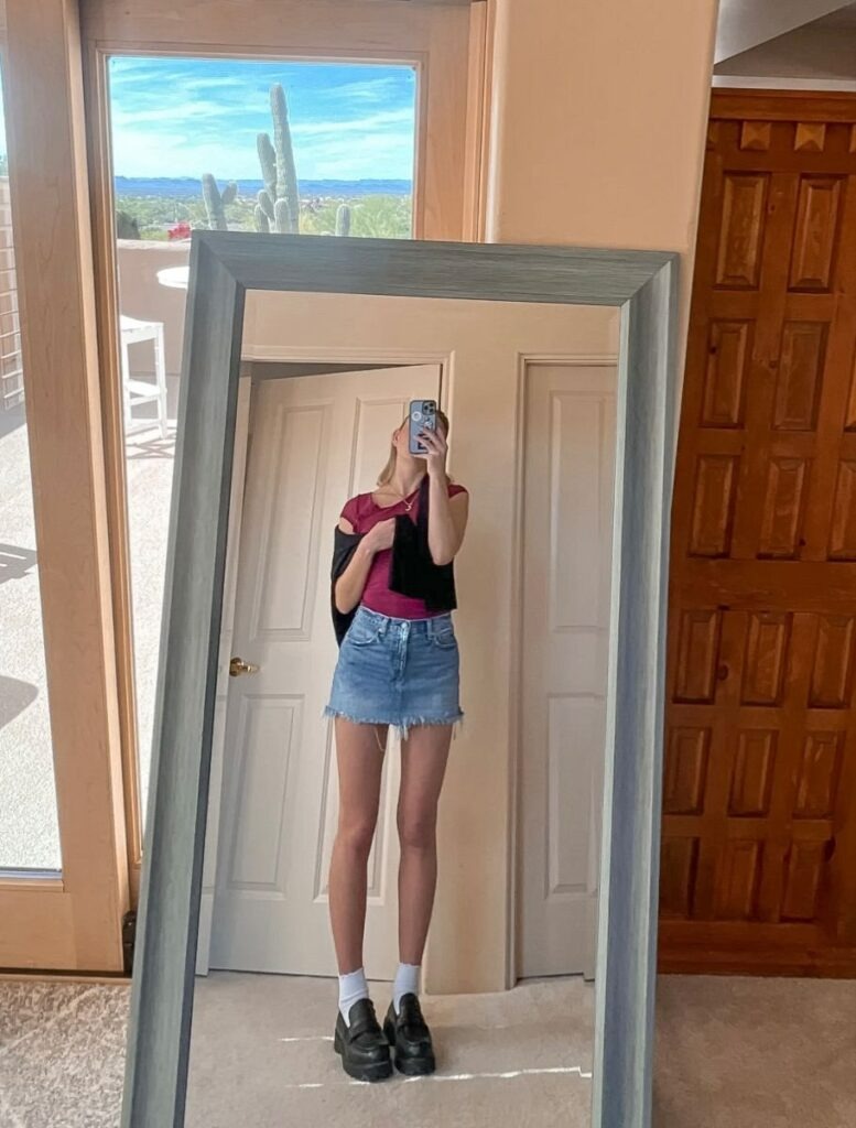 Modern Casual with Loafers and a Denim Skirt