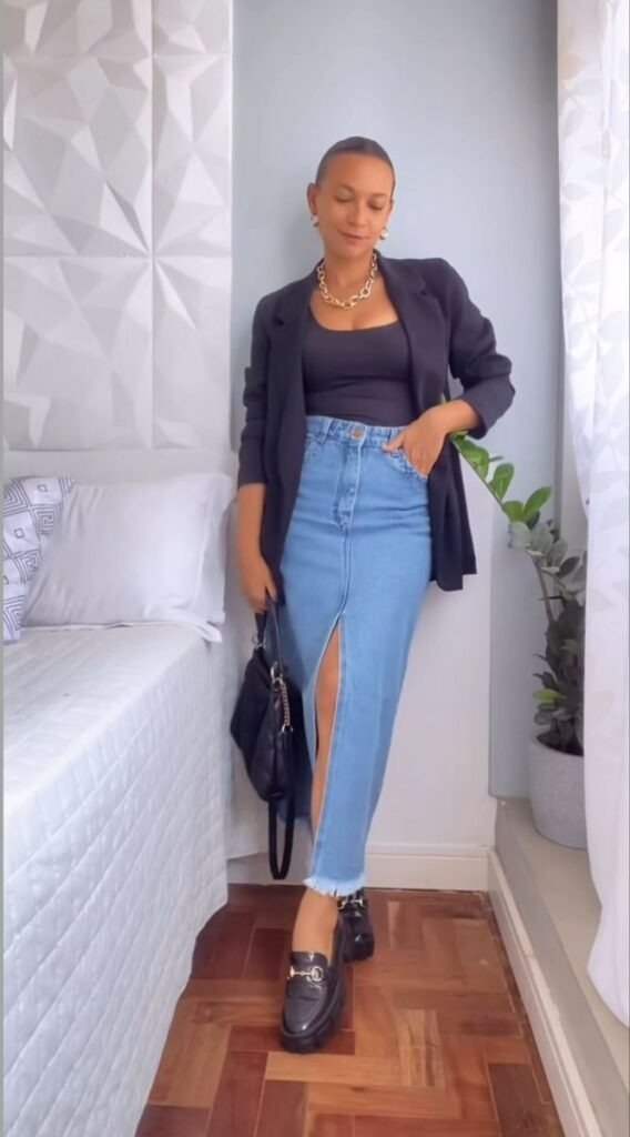 Polished City Style with a Blazer & Slit Jeans Skirt