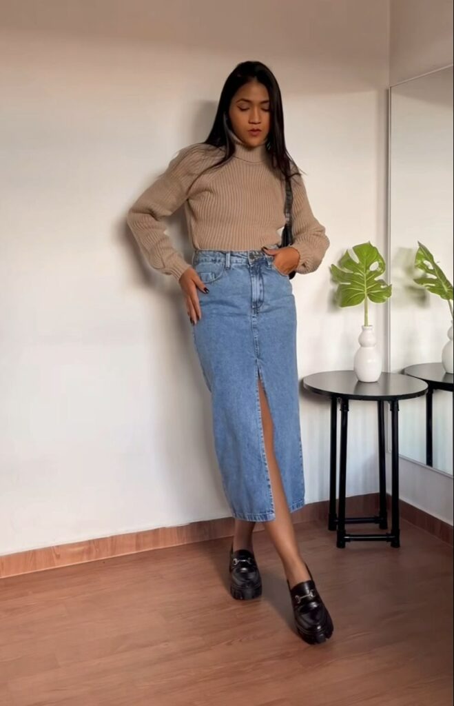 Neutral Knit & Slit Denim Elegance