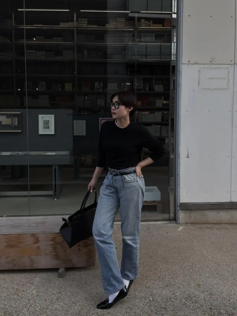Black Loafers with Straight Jeans Minimal Outfit